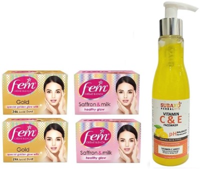 Fem GOLD BLEACH 2 PC & SAFFRON AND MILK 2 PC EACH OF 40 G & SUBAXO VITAMIN C AND E FACE WASH 200 ML(5 Items in the set)