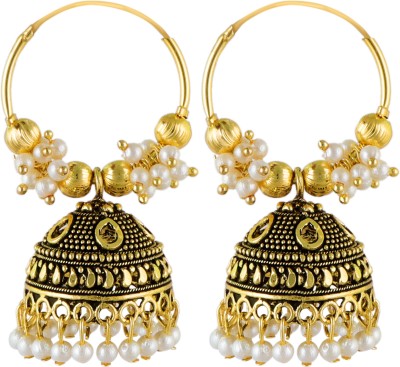 Thrillz Golden Earrings Floral Designs Pearl Studded Gold Plated Jhumka Earrings Pearl Brass Earring Set