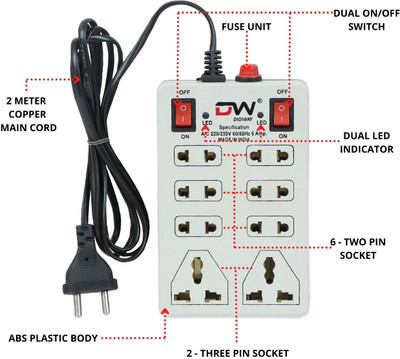Digiway 8+2 Socket Mini Socket Board(Cord Length:-2.0 Meter) 8  Socket Extension Boards(Beige, 2.5 m)