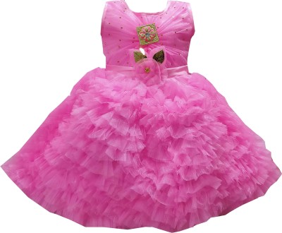 Shreesai Girls Midi/Knee Length Festive/Wedding Dress(Pink, Sleeveless)