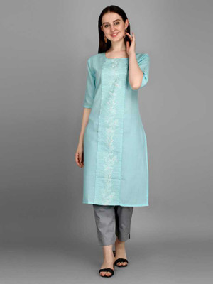 Ladylaz Women Embroidered Straight Kurta(Light Blue)