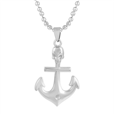 RN Silver Plated Stainless Steel Skull Anchor Design Necklace Pendant Locket Silver Stainless Steel