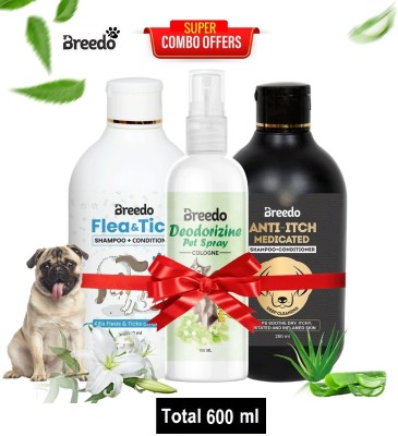 Breedo (Combo of 3) Dog Flea-Tick Shampoo + Anti-Itch Shampoo 500 ml + 100 ml Spray Allergy Relief, Conditioning, Anti-fungal, Anti-microbial, Anti-itching, Anti-dandruff Natural Dog Shampoo(250 ml)
