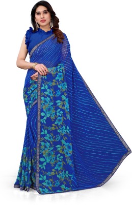 Madhur milan Striped, Floral Print Daily Wear Georgette Saree(Blue)