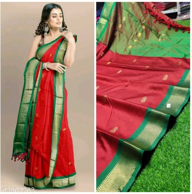 Fab Silk Woven Paithani Cotton Silk Saree(Red, Green)