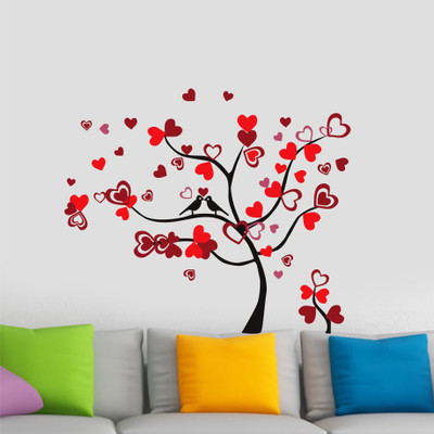 Psychedelic Collection 120 cm loveing hearts tree with cute birds Self Adhesive Sticker(Pack of 1)