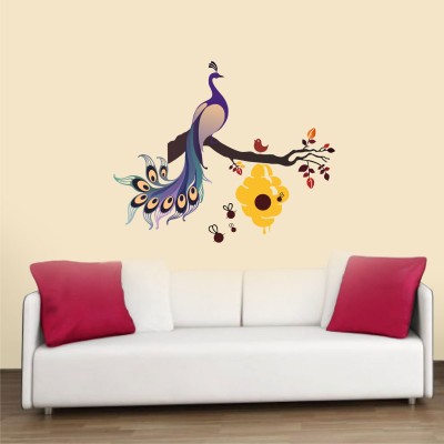 Khatwal Enterprises 90 cm decorative tree leaves on bird honey bee multicolour peacock wall sticker Self Adhesive Sticker(Pack of 1)