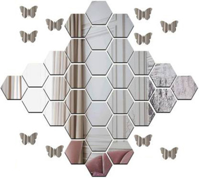 wall1ders 127 cm 30 Hexagon 10 Butterfly Silver Self Adhesive Sticker(Pack of 42)