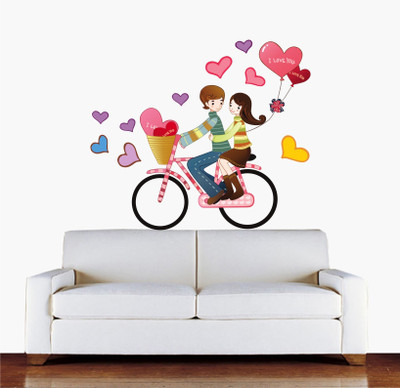 Psychedelic Collection 90 cm cute loveing couple on bycycle with hearts Self Adhesive Sticker(Pack of 1)