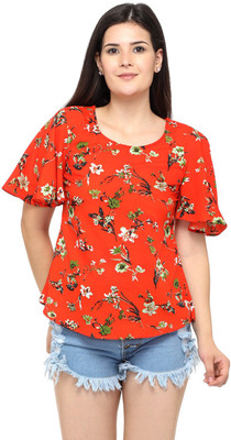 EZIS FASHION Printed Women Round Neck Orange T-Shirt