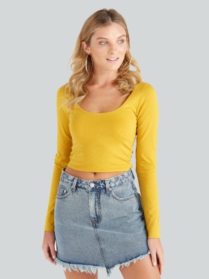 Trends Tower Casual Full Sleeve Solid Women Yellow Top