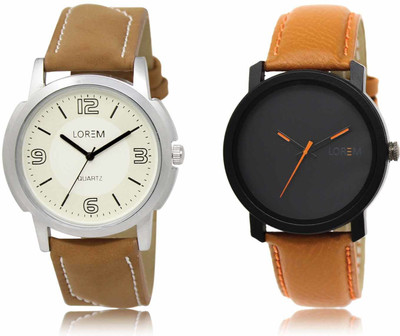 LOREM LR16-LR20 Set Of 2 Casual Round Synthetic Leather Analog Watch  - For Men