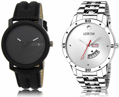 LOREM LR21-LR103 Set Of 2 Casual Round Synthetic Leather & Metal Analog Watch  - For Men