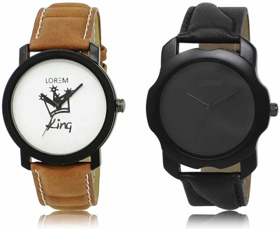 LOREM LR18-LR22 Set Of 2 Casual Round Synthetic Leather Analog Watch  - For Men