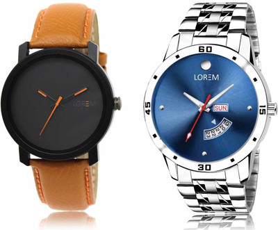 LOREM LR20-LR105 Set Of 2 Casual Round Synthetic Leather & Metal Analog Watch  - For Men