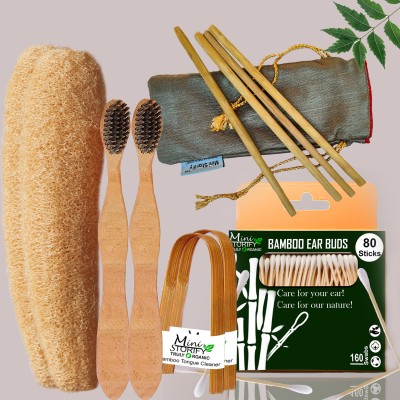 Mini Storify Truly Organic 1 ear bud |2 Neem Adult toothbrush|2 bamboo tongue cleaner 2 Loofah 4 Bamboo Straw(11 Items in the set)