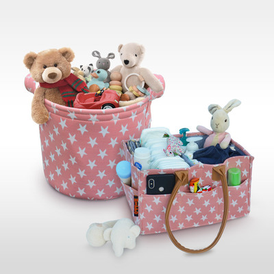 Hippo 2IN1 Designer Polyester Diaper Caddy & Toy Bin Smart Combo Large Capacity(Pink Star)