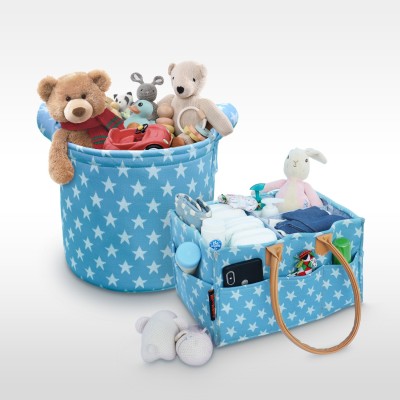 Hippo 2IN1 Designer Polyester Diaper Caddy & Toy Bin Smart Combo Large Capacity (Grey-Strips)(Blue Star)