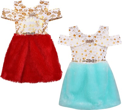 Wishkaro Girls Midi/Knee Length Party Dress(Multicolor, Short Sleeve)