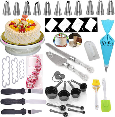 Unique Impex Easy Rotate Cake Turntable + 12 Piece Cake Decorating Set with 1 Reusable & 10 Pcs Free disposable Piping Bag + 8 Pcs Black Measuring Cups and Spoon + Silicone Spatula and Brush Set + 4 Pcs Scraper set + 3-in-1 Multi-Function Stainless Steel Cake Icing Spatula Knife Set + Cake Smoother Unique Impex Easy Rotate Cake Turntable + 12 Piece Cake Decorating Set with 1 Reusable & 10 Pcs Free disposable Piping Bag + 8 Pcs Black Measuring Cups and Spoon + Silicone Spatula and Brush Set + 4 Pcs Scraper set + 3-in-1 Multi-Function Stainless Steel Cake Icing Spatula Knife Set + Cake Smoother