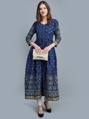 Kalratri Women Printed Flared Kurta(Dark Blue)