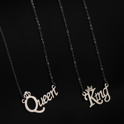 Fashion Frill Valentine Special King Queen Pendant Him Her Couple Gift 2 Combo Chain Necklace Silver Stainless Steel Pendant Set