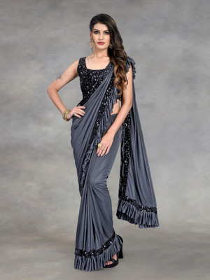 fem hub Embellished Bollywood Lycra Blend Saree(Grey)