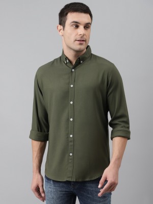 Dennis Lingo Men Solid Casual Dark Green Shirt