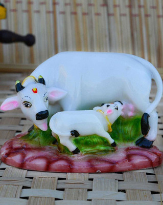 Aaina creations Kamdhenu Cow & Calf Statue/Maa Kamaduha God Sculputer Handicraft Idol Diwali Decorative Showpiece  -  7 cm(Polyresin, Multicolor)