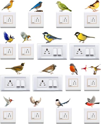 WALLDESIGN 33.02 cm Colorful Natural Birds Wall Stickers for Switch Board - Set of 16 Self Adhesive Sticker(Pack of 1)