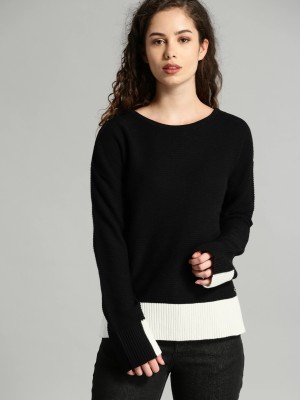Roadster Solid Round Neck Casual Women Black Sweater