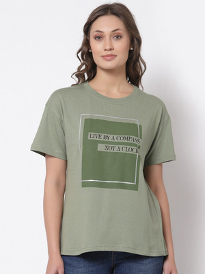 Roadster Typography Women Round Neck Green T-Shirt