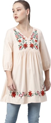 LAYA Casual Puff Sleeve Embroidered Women Beige Top