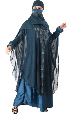 HAWAI Polycotton Solid, Self Design Burqa With Hijab(Blue)