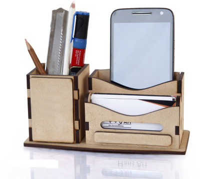 LAKHAJI 3 Compartments wooden desk organizer pen sstand card holder(Brown)