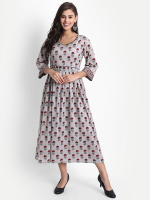 githaan Women Printed Flared Kurta(Grey)