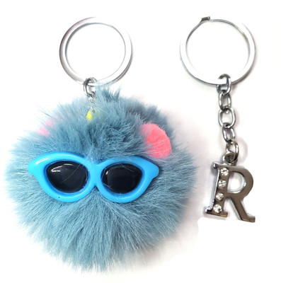ShopTalk Cute Cat Face Pompom Key chain With Alphabet Letter R metal Key Chain