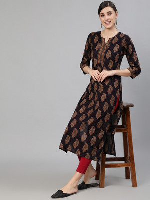 Nayo Women Printed Straight Kurta(Black)