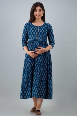 Madrina Women Block Print Flared Kurta(Blue)