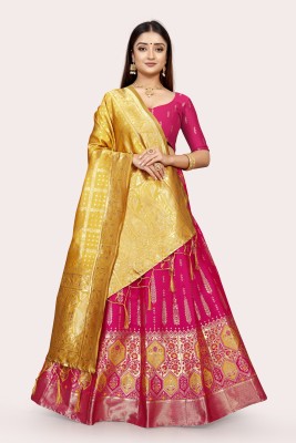 DISHWA Self Design Semi Stitched Lehenga Choli(Pink, Yellow)