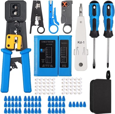 BUYFLUX Crimp Tool Kit CAT5 CAT5E CAT6 RJ45 Crimping Tool, 50PCS RJ45 CAT6 Pass Through Connectors, 50PCS Covers, Network Cable Tester, Wire Punch Down Cutter (Blue) Manual Crimper