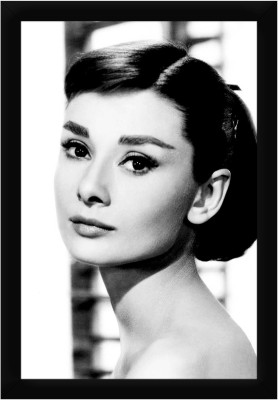 Braj Art Gallery Audrey Hepburn Bold B&W Photo Frame Digital Reprint 19.5 inch x 13.5 inch Painting(With Frame)