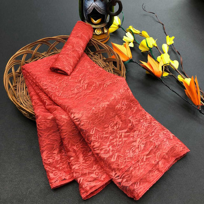 AVANTIKA FASHION Embellished, Woven, Dyed, Solid/Plain Bollywood Net Saree(Red)