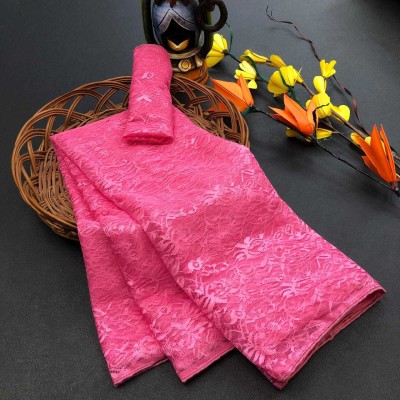 AVANTIKA FASHION Embellished, Woven, Dyed, Solid/Plain Bollywood Net Saree(Pink)