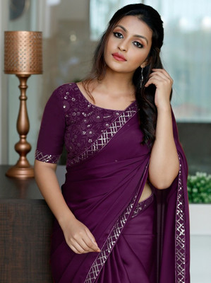 PD CLOTH VILLA Embroidered, Embellished Bollywood Satin Saree(Magenta)