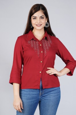 Style n Selfie Women Embroidered Casual Maroon Shirt