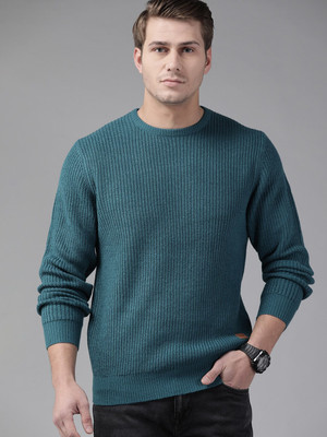 Roadster Woven Round Neck Casual Men Green Sweater