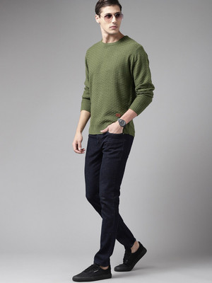 Roadster Self Design Round Neck Casual Men Green Sweater