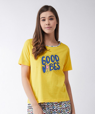 Miss Chase Printed Women Round Neck Yellow T-Shirt