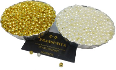 PRANSUNITA 1500 pcs Off White & Golden Acrylic Round Pearl Loose Beads